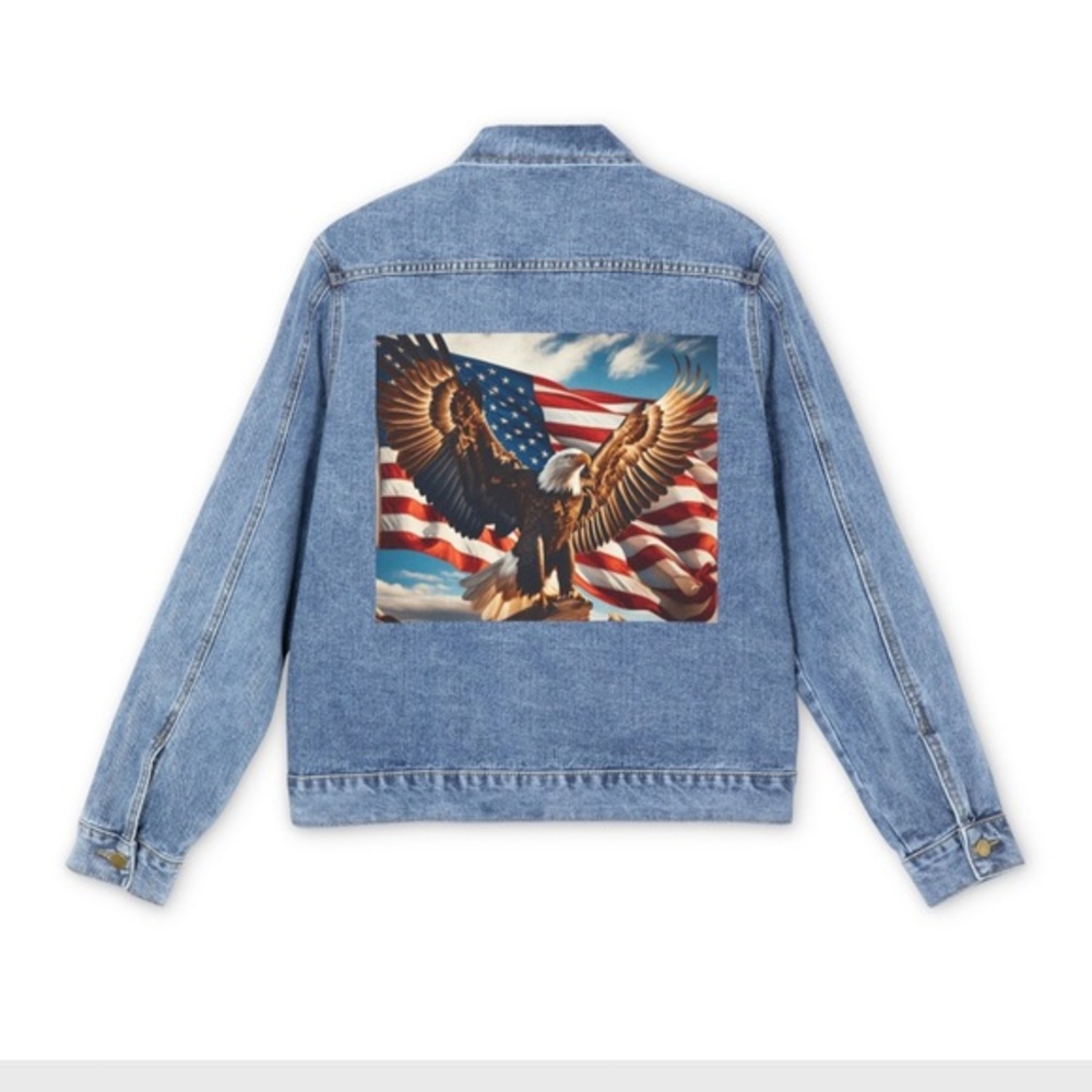Men’s Denim Button Up Jacket, American Patriotic Flag Eagle Original Art, XXL